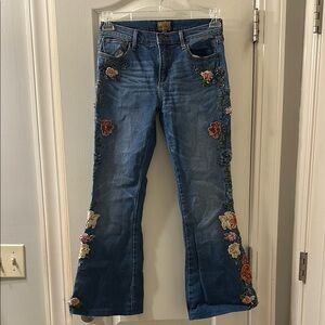 DRIFTWOOD Blue Flare Jeans with Floral Embroidery